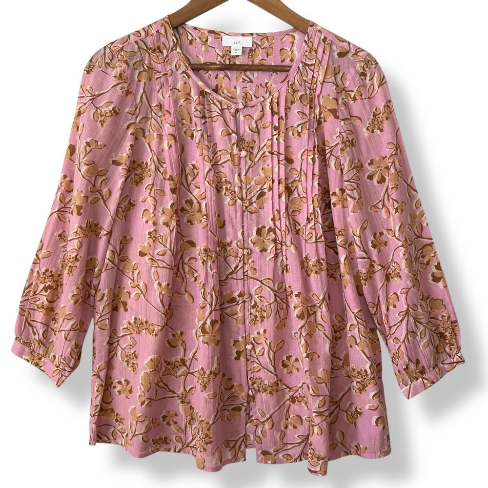 J.‎ Jill Floral Pintuck Blouse XS Pink 100% Cotton Button Up Cottagecore Chic